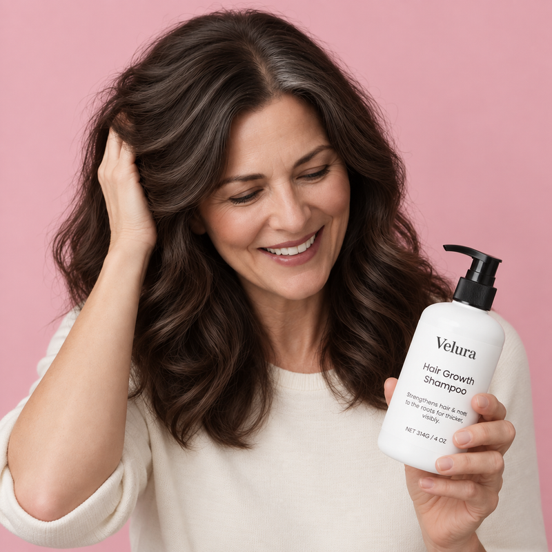 Frau mit Velura Haarwachstums-Shampoo
